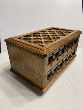 Vintage Mele Jewelry Box Wood Lattice Chest 2 Drawer Japan Utica NY MCM Boho Box